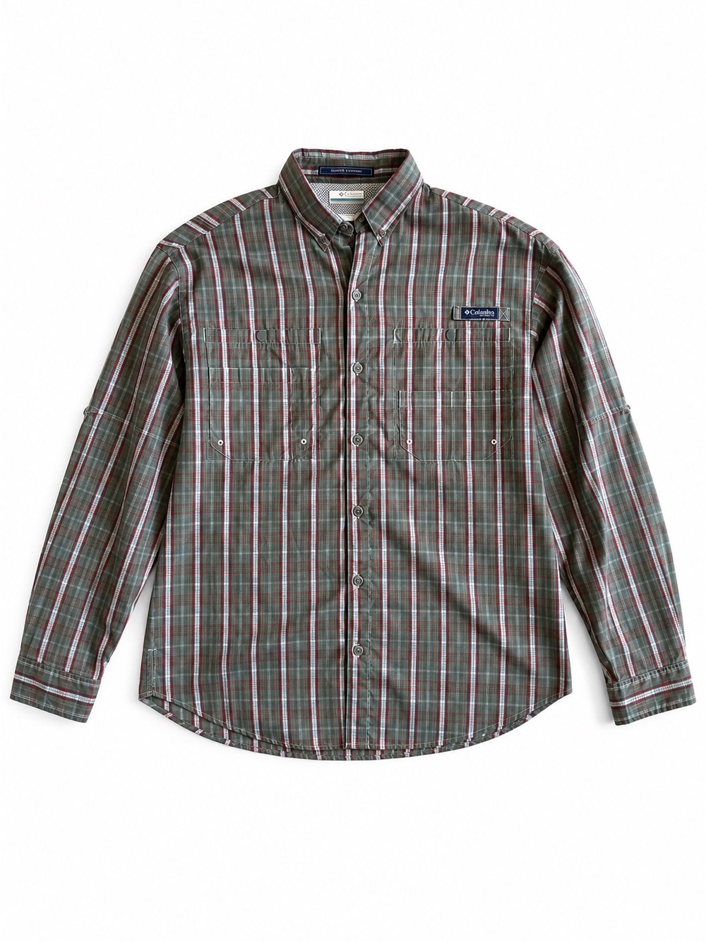 Columbia PFG Super Tamiami Fishing Button Down Shirt Olive Red Plaid Medium